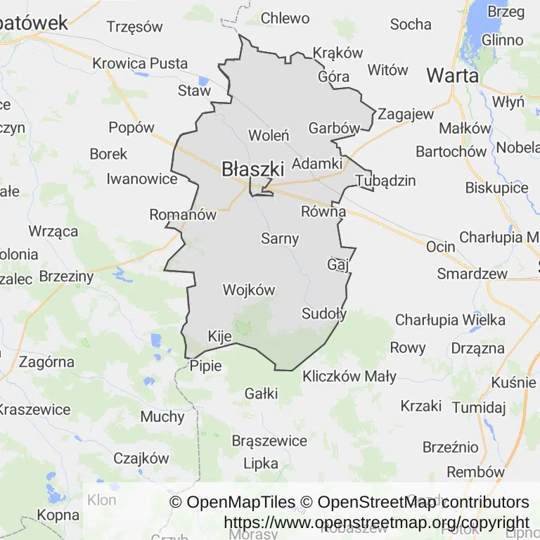 Mapa z zaznaczonym Błaszkami