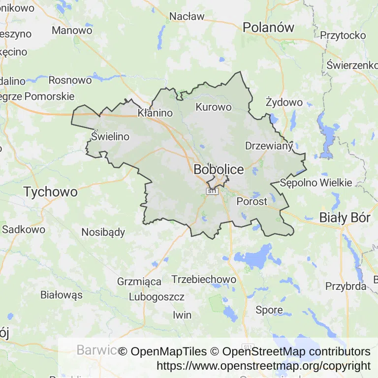 Mapa z zaznaczonymi Bobolicami