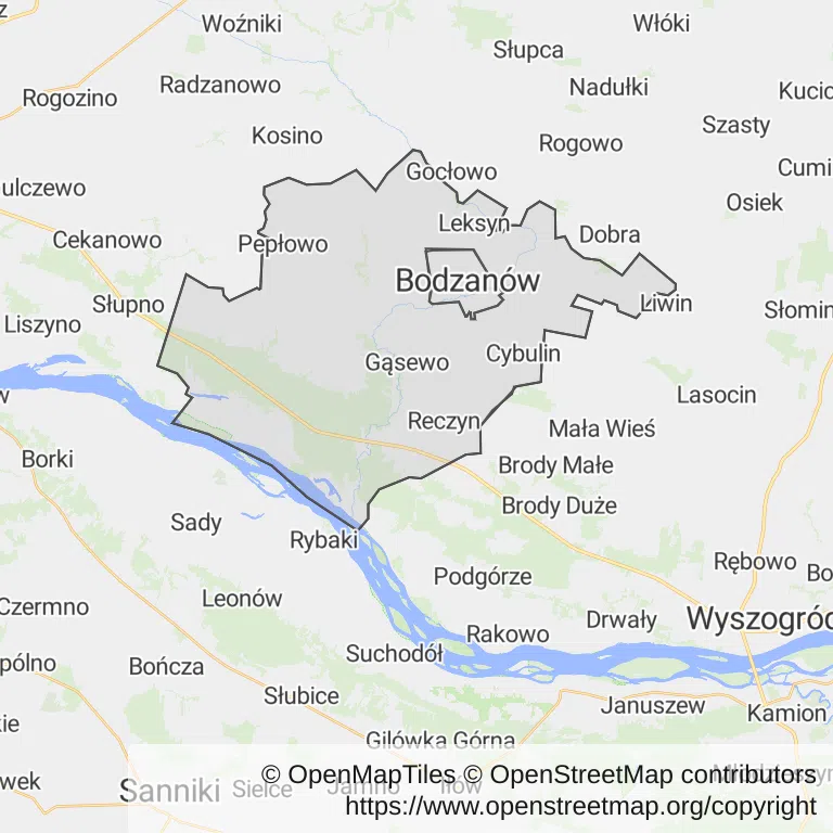 Mapa z zaznaczonym Bodzanowem