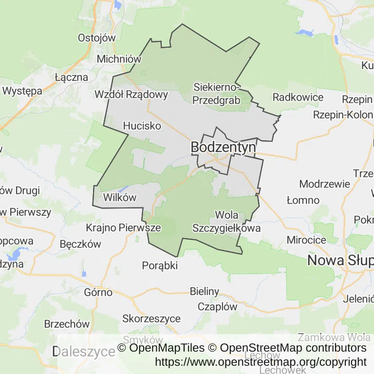 Mapa z zaznaczonym Bodzentynem