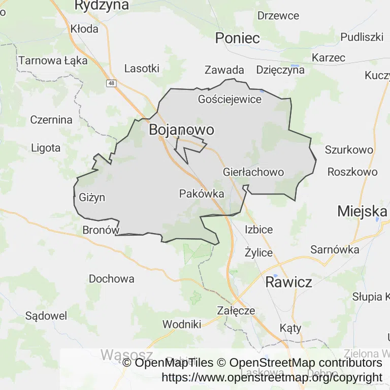 Mapa z zaznaczonym Bojanowem