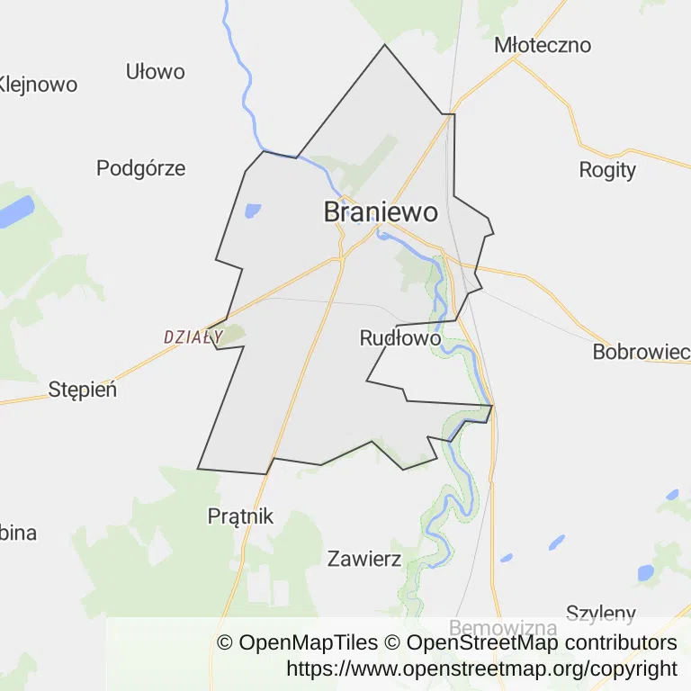 Mapa z zaznaczonym Braniewem
