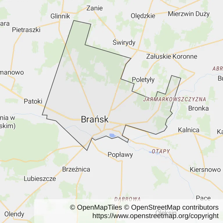 Mapa z zaznaczonym Brańskiem