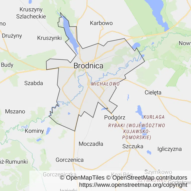 Mapa z zaznaczonym Brodnicy