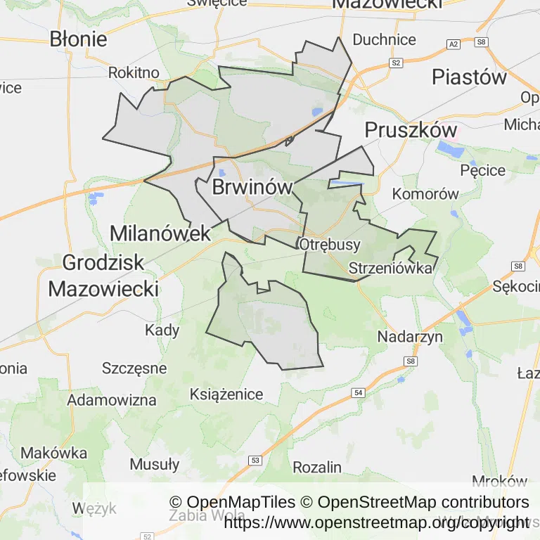 Mapa z zaznaczonym Brwinowem
