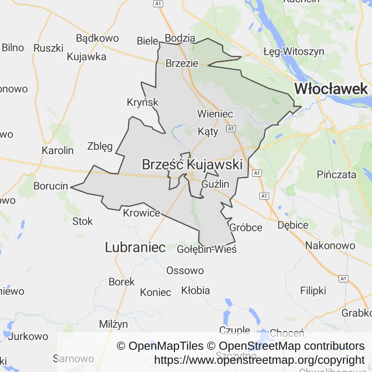 Mapa z zaznaczonym Brześciu Kujawskim