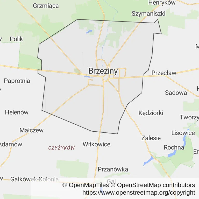 Mapa z zaznaczonym Brzezinami