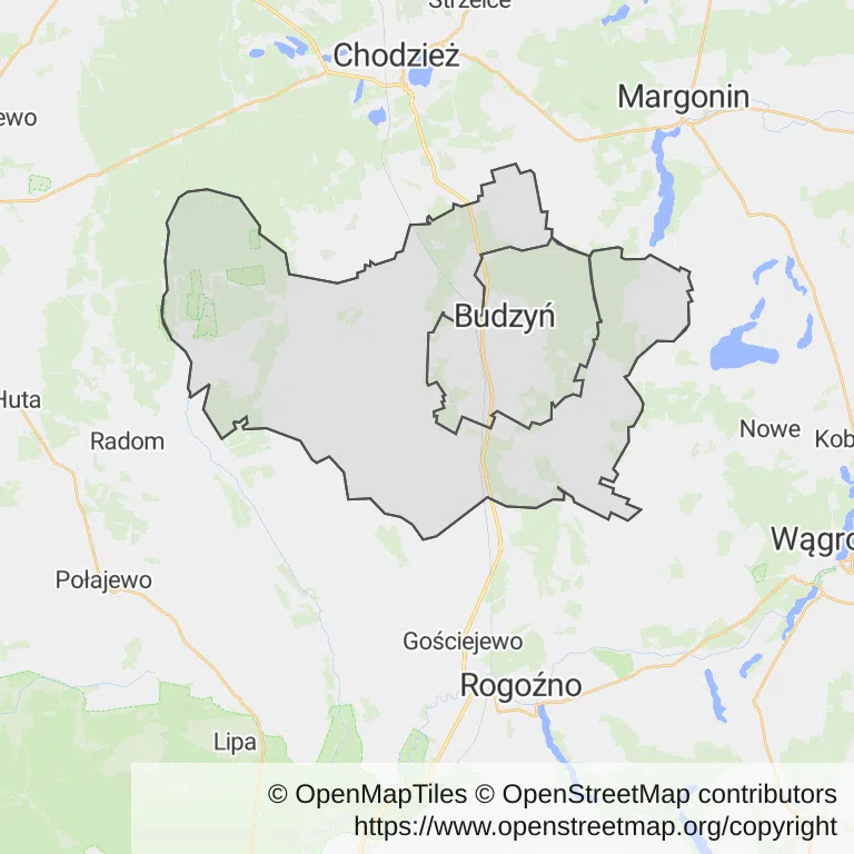 Mapa z zaznaczonym Budzyniu