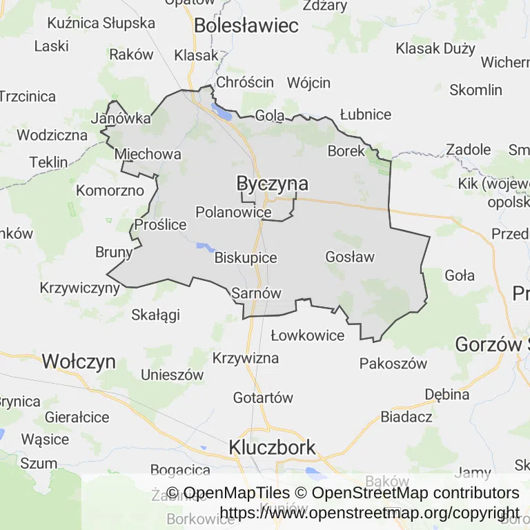 Mapa z zaznaczoną Byczynem