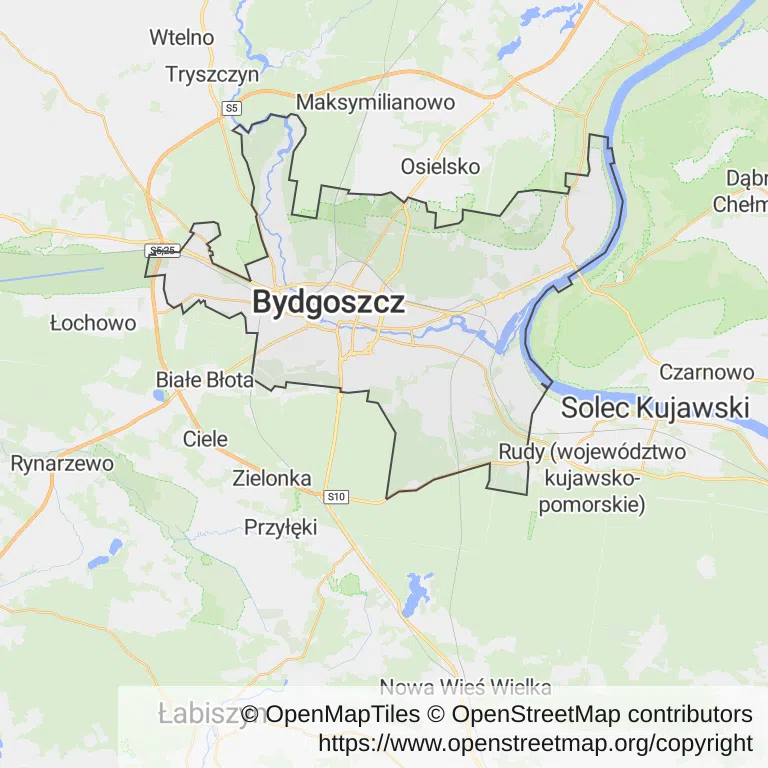 Mapa z zaznaczonym Bydgoszczy