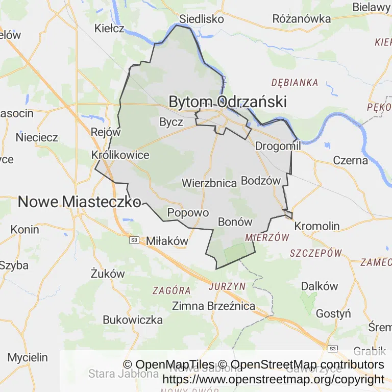 Mapa z zaznaczonym Bytomiu Odrzańskim