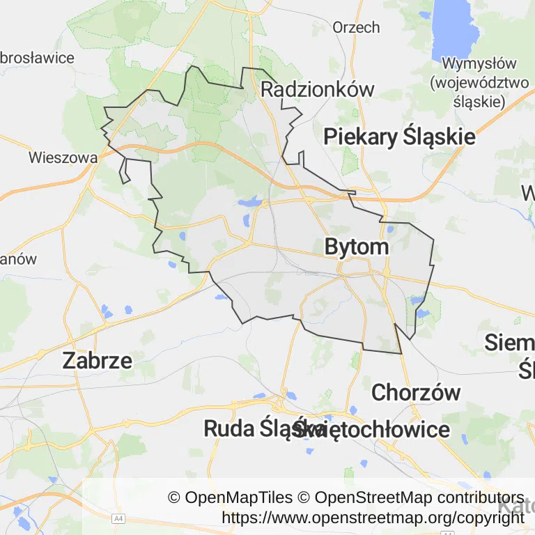 Mapa z zaznaczonym Bytomiem