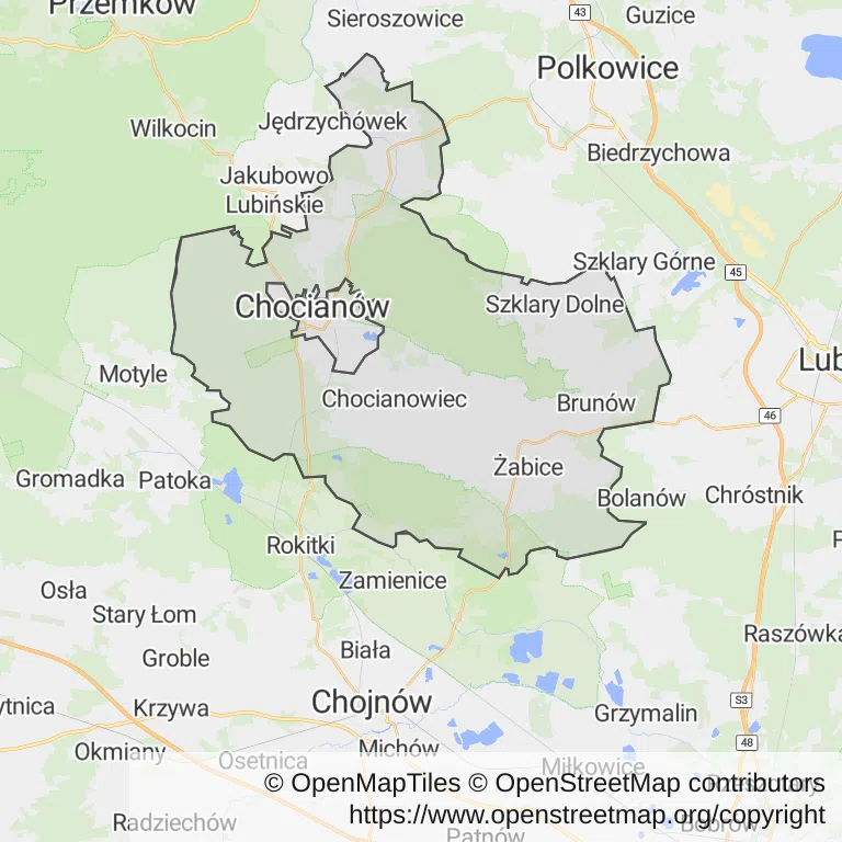 Mapa z zaznaczonym Chocianowem