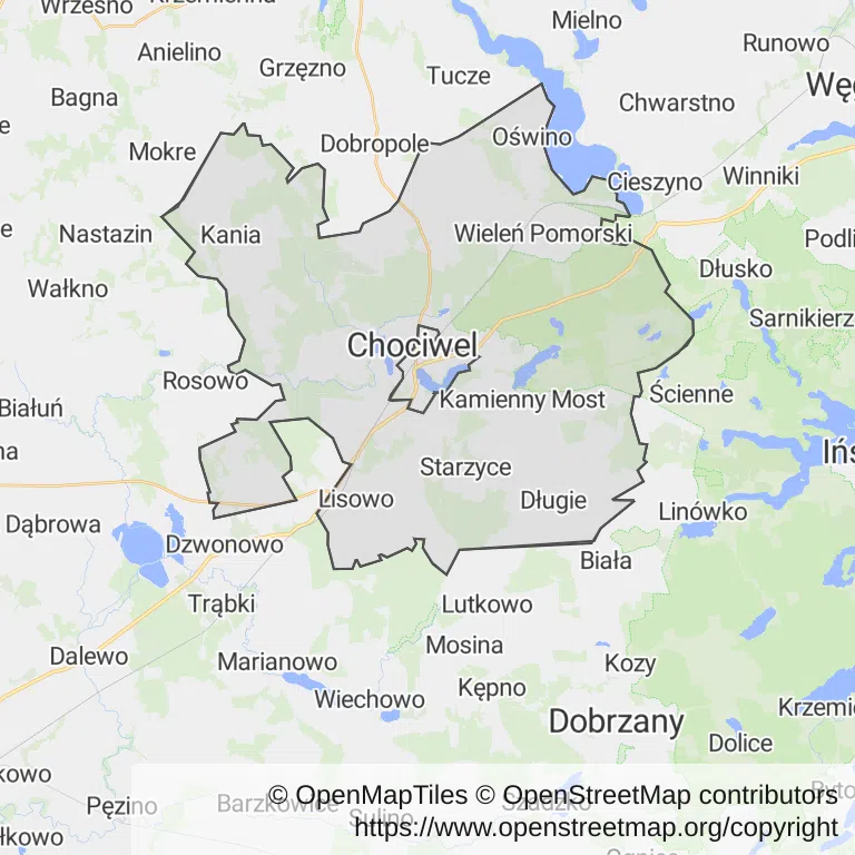 Mapa z zaznaczonym Chociwelu