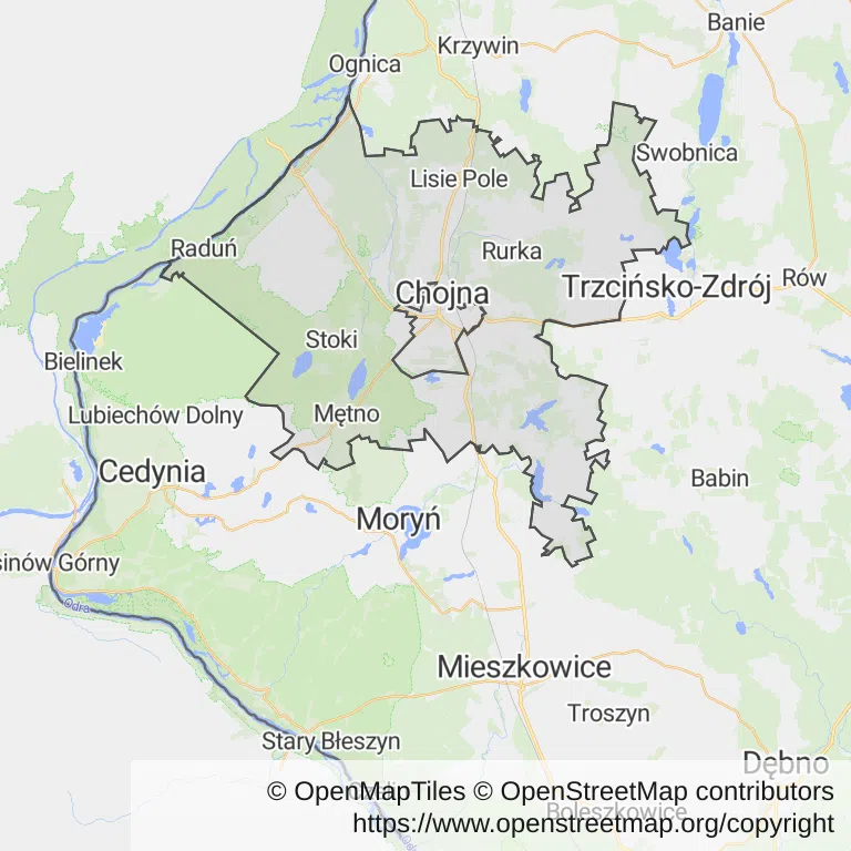 Mapa z zaznaczoną Chojnem