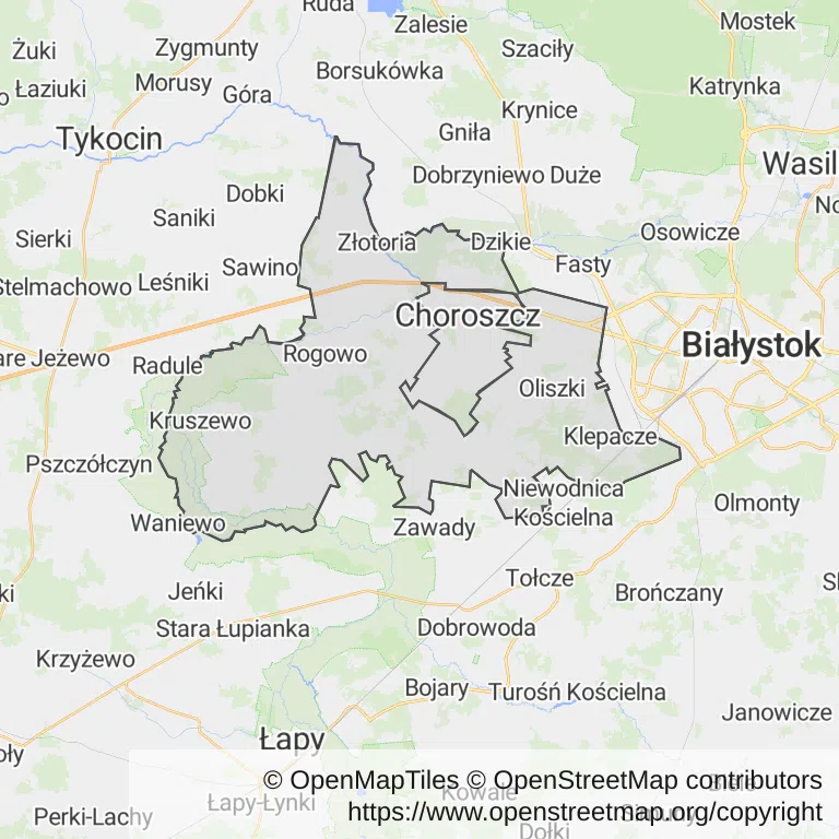 Mapa z zaznaczonym Choroszczy