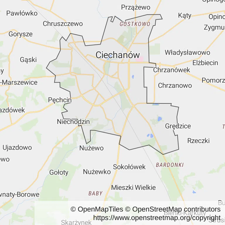 Mapa z zaznaczonym Ciechanowem