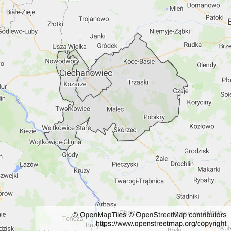 Mapa z zaznaczonym Ciechanowcu
