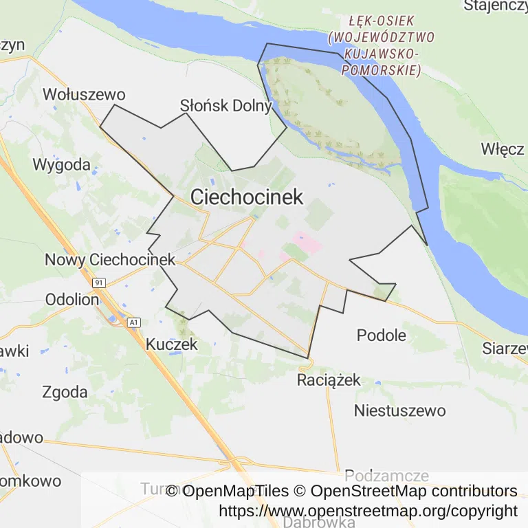 Mapa z zaznaczonym Ciechocinkiem