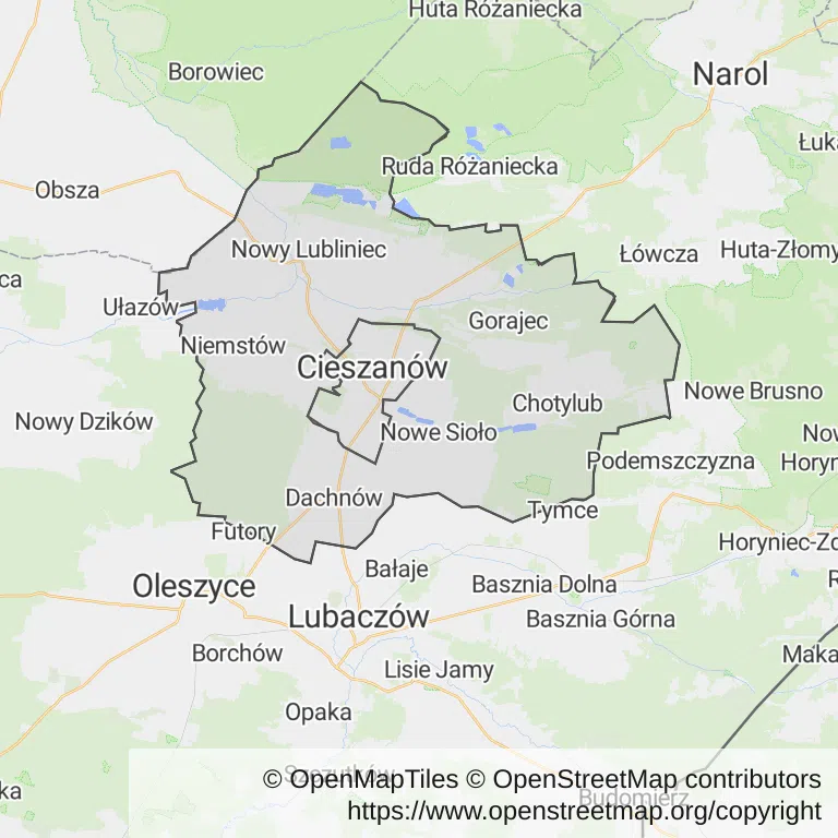 Mapa z zaznaczonym Cieszanowem