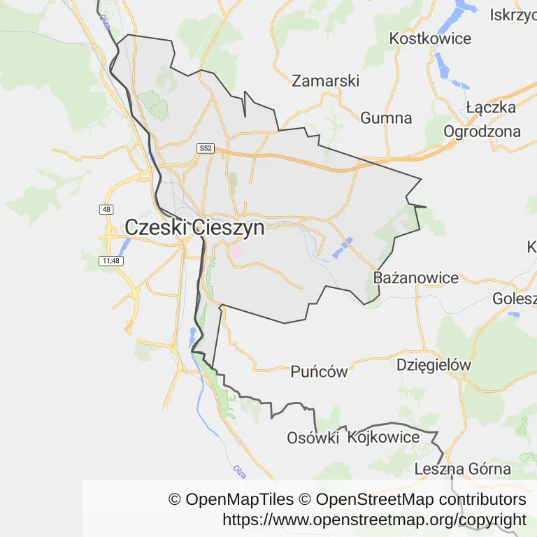 Mapa z zaznaczonym Cieszynem