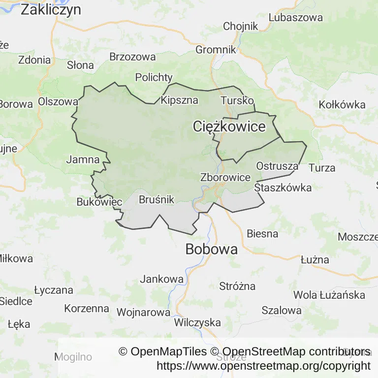 Mapa z zaznaczonymi Ciężkowicami
