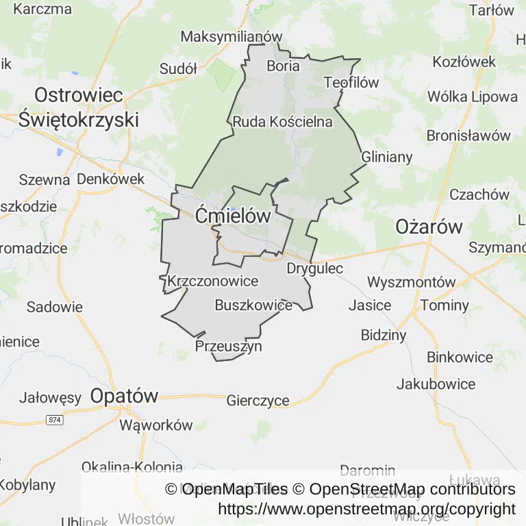 Mapa z zaznaczonym Ćmielowem