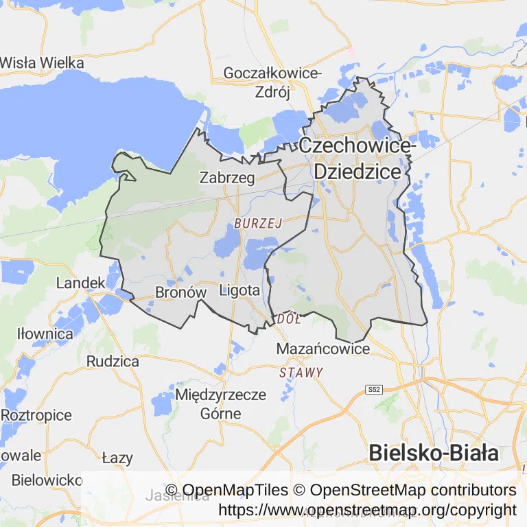 Mapa z zaznaczonymi Czechowicach-Dziedzicami