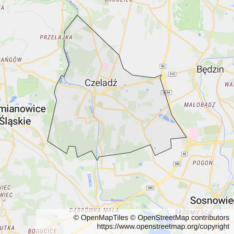 Mapa z zaznaczonym Czeladzi