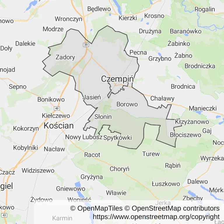 Mapa z zaznaczonym Czempiniu