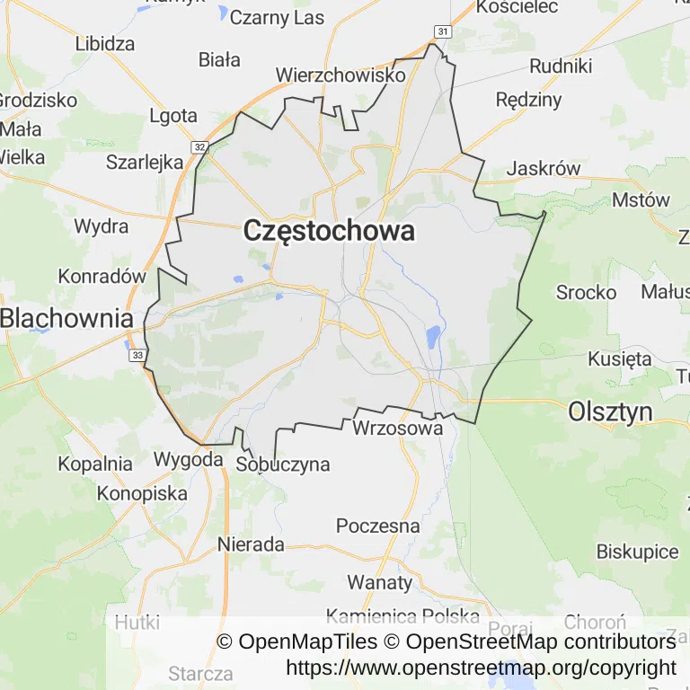 Mapa z zaznaczoną Częstochową