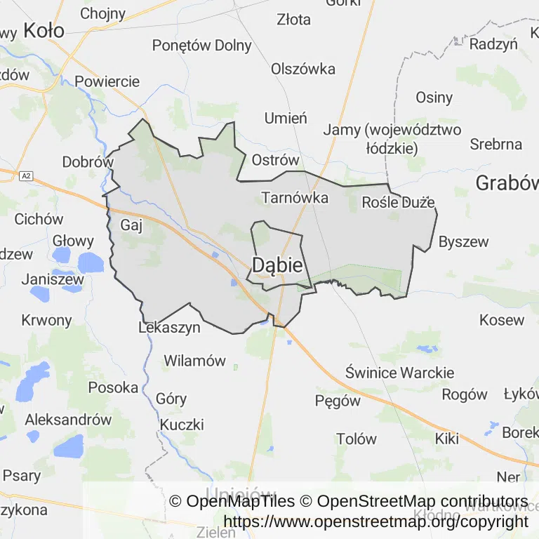 Mapa z zaznaczonym Dąbiu