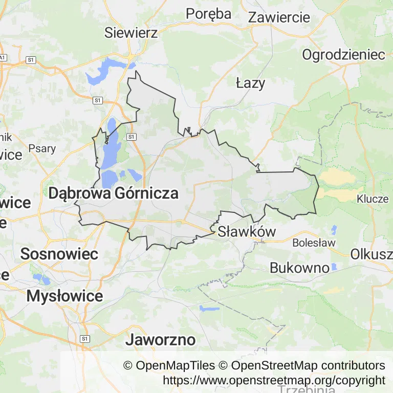 Mapa z zaznaczoną Dąbrowie Górniczej