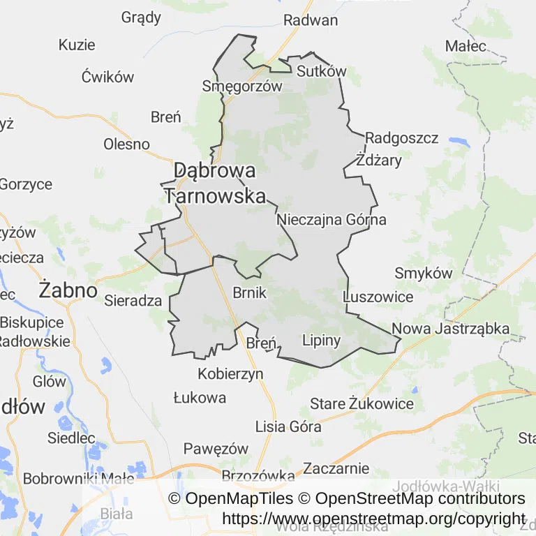 Mapa z zaznaczoną Dąbrowie Tarnowskiej