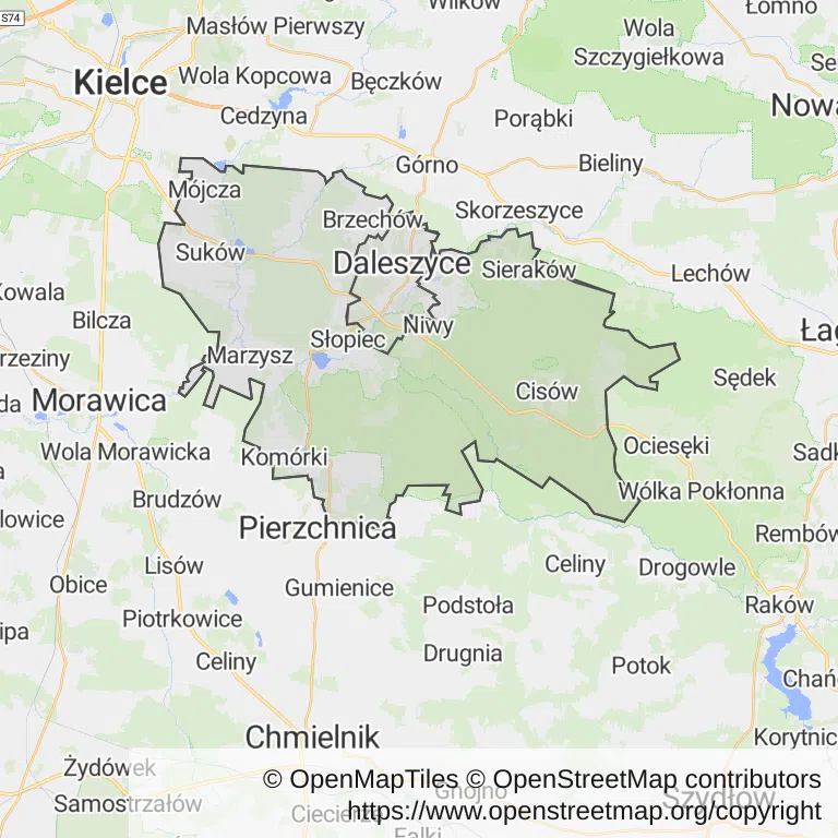 Mapa z zaznaczonymi Daleszycami