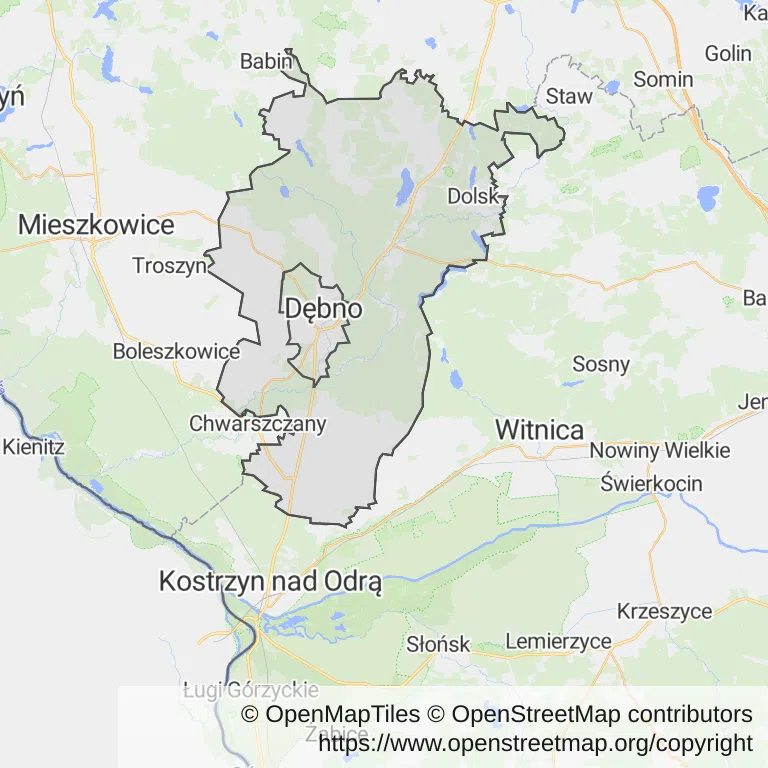 Mapa z zaznaczonym Dębnem