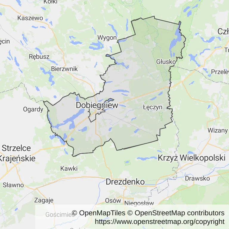 Mapa z zaznaczonym Dobiegniewem