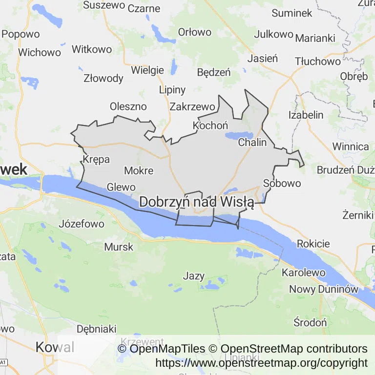 Mapa z zaznaczonym Dobrzyniu nad Wisłą