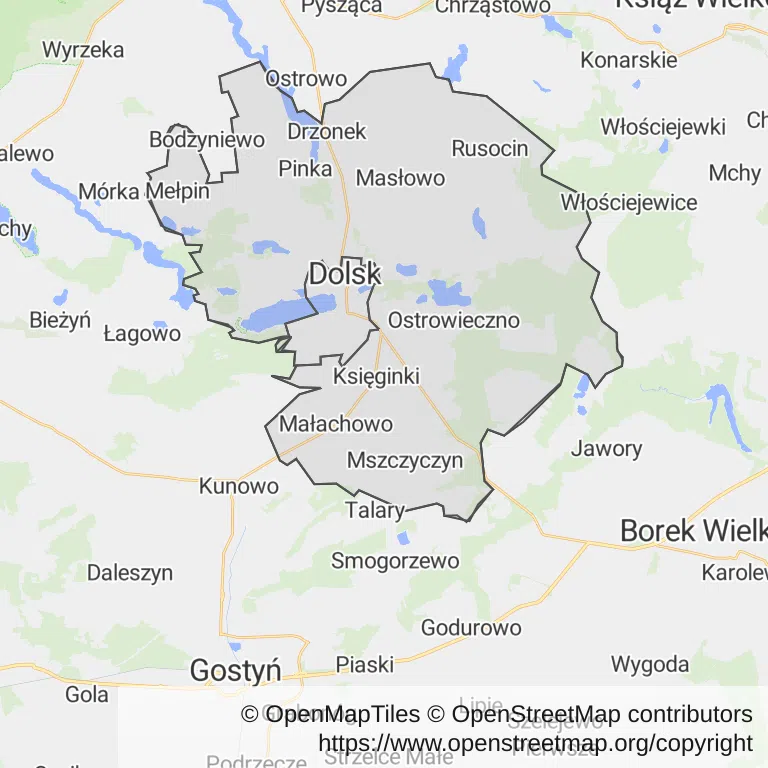 Mapa z zaznaczonym Dolskiem