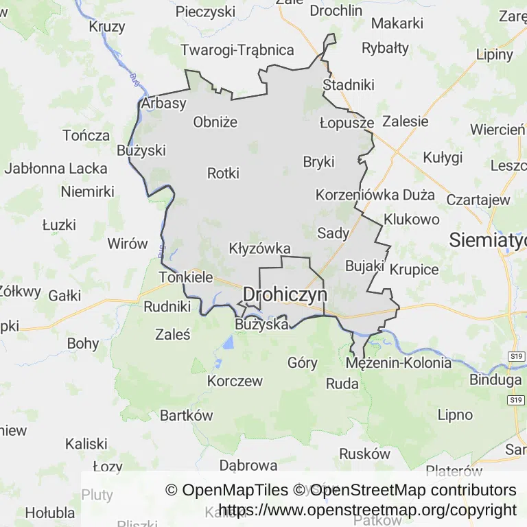 Mapa z zaznaczonym Drohiczynem