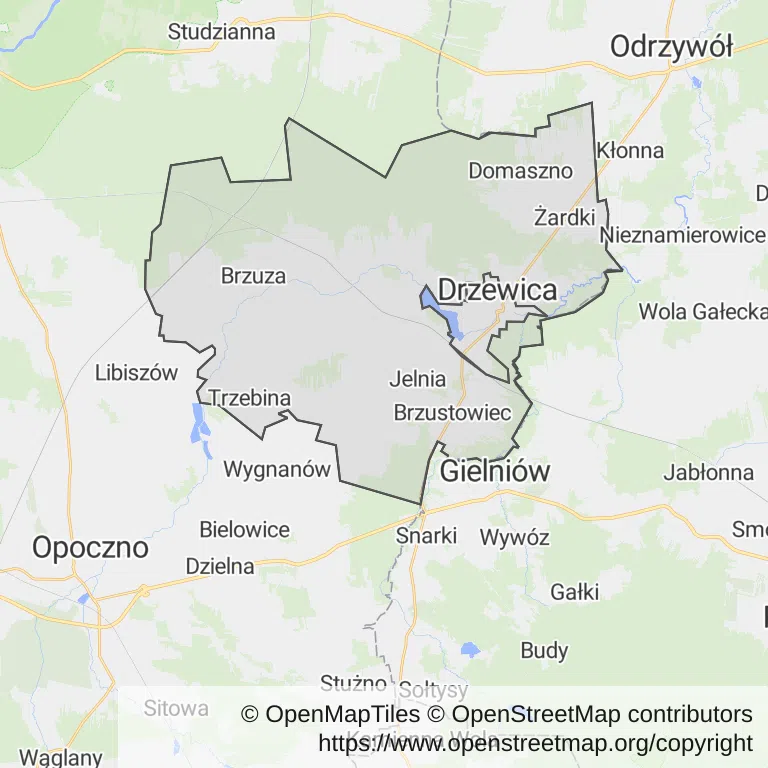 Mapa z zaznaczonym Drzewicy