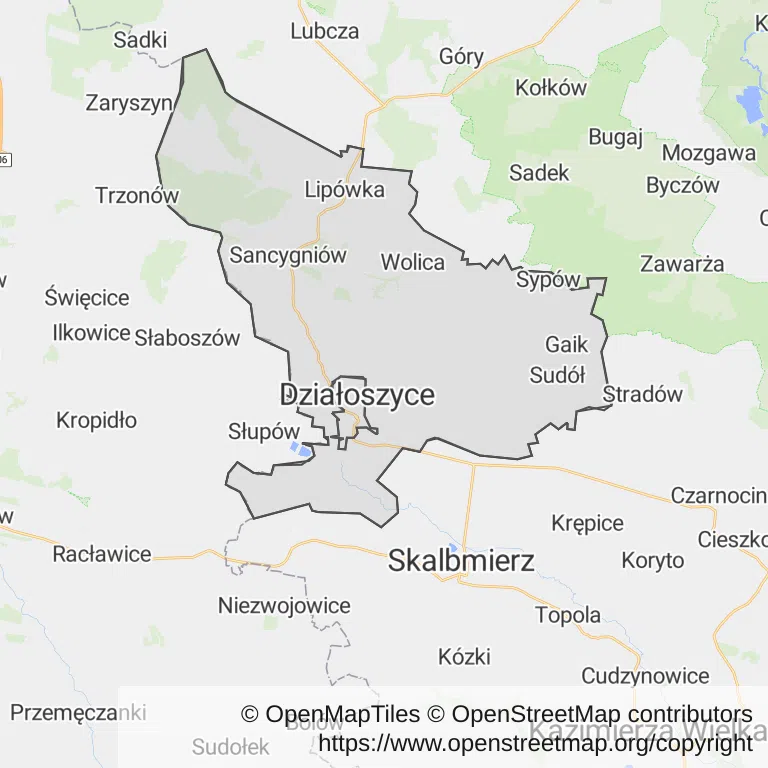 Mapa z zaznaczonymi Działoszycami
