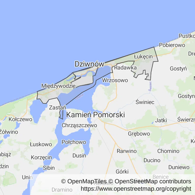 Mapa z zaznaczonym Dziwnowem