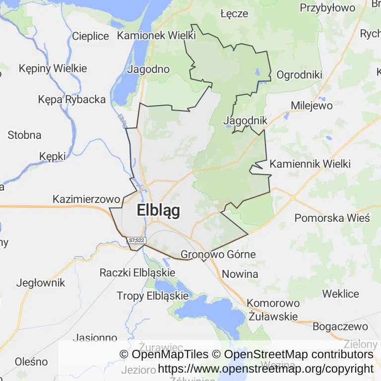 Mapa z zaznaczonym Elblągiem