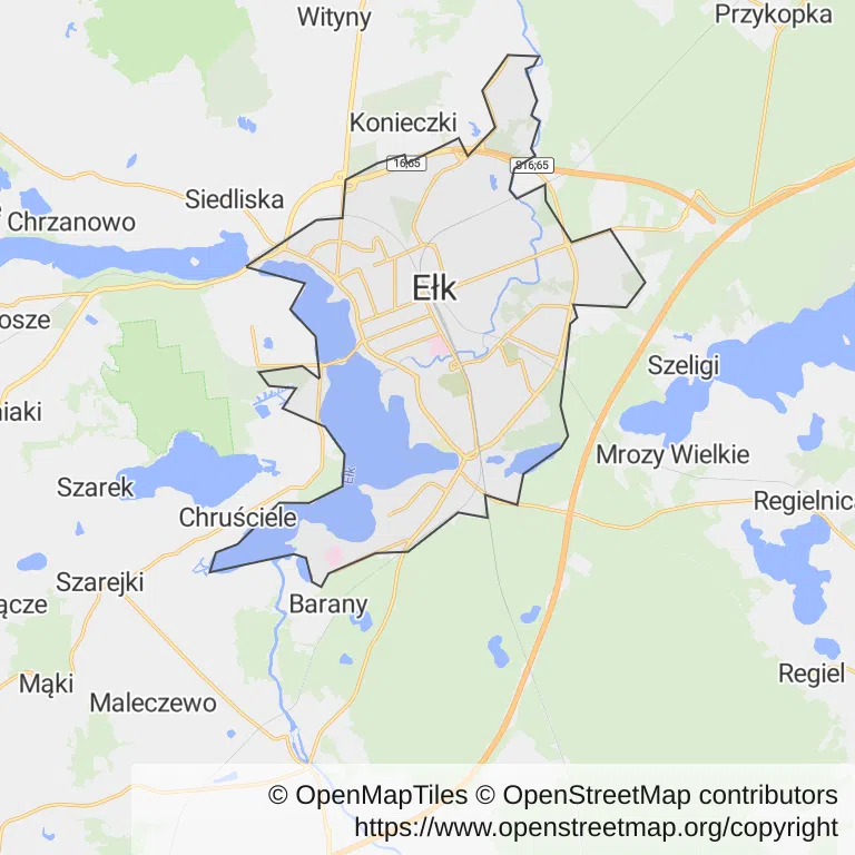 Mapa z zaznaczonym Ełkiem