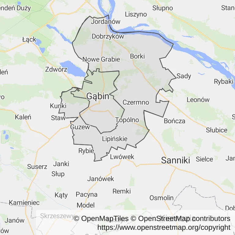 Mapa z zaznaczonym Gąbinem