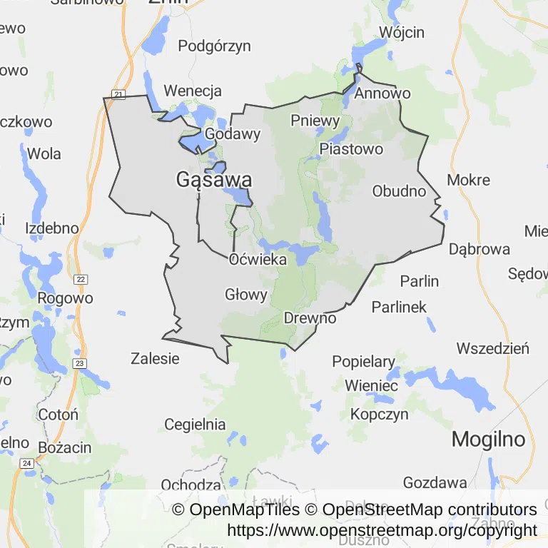 Mapa z zaznaczoną Gąsawem