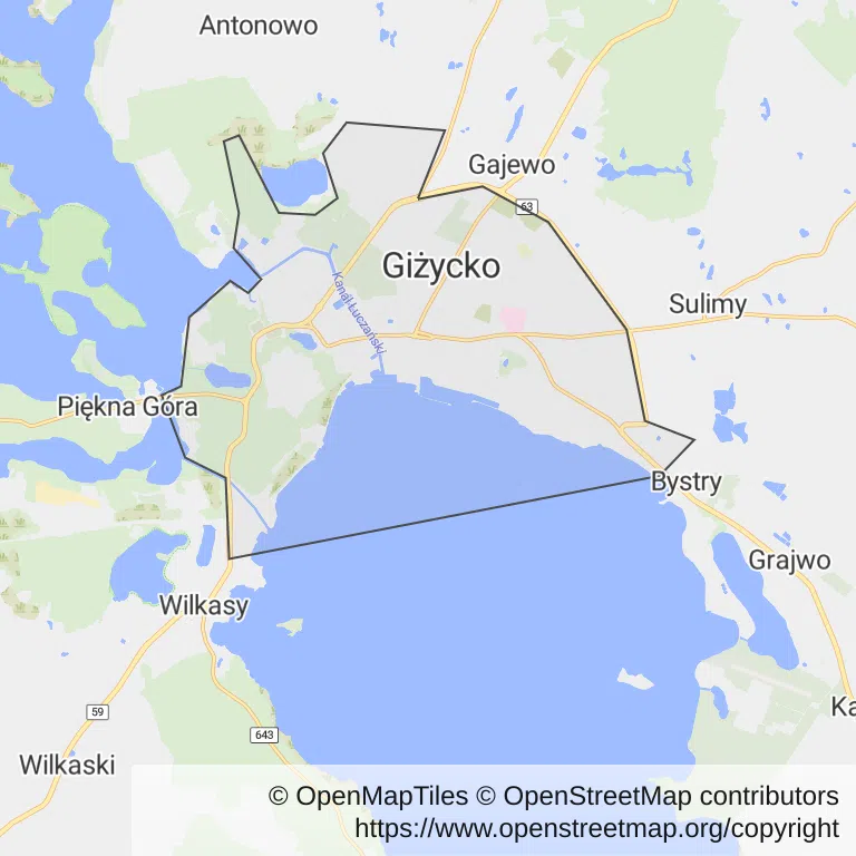 Mapa z zaznaczonym Giżyckiem