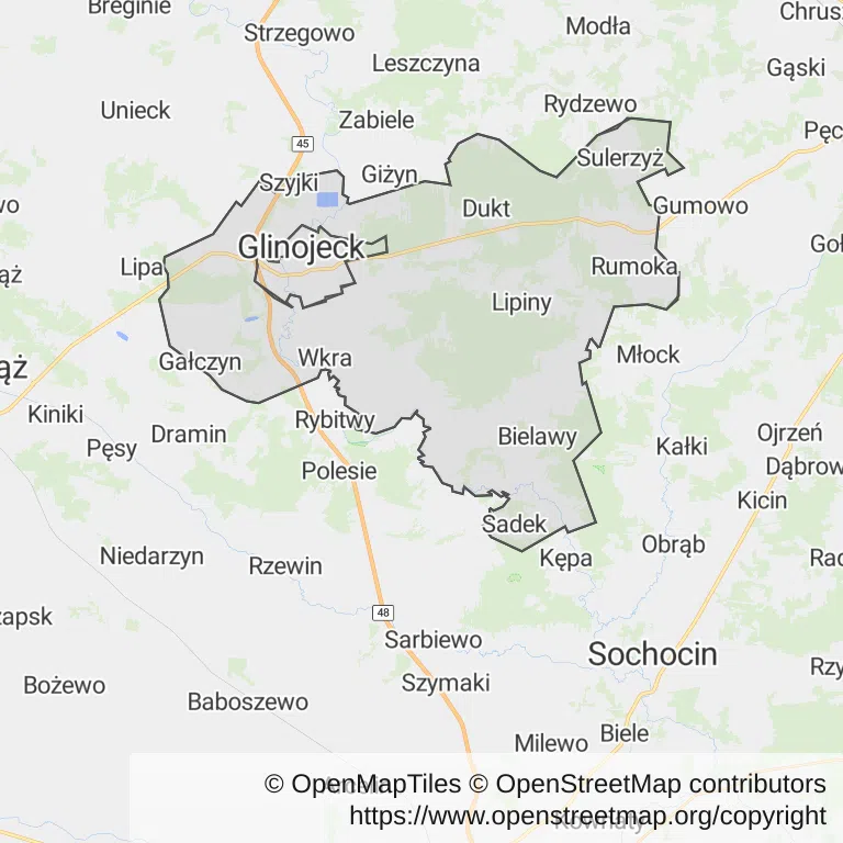 Mapa z zaznaczonym Glinojeckiem