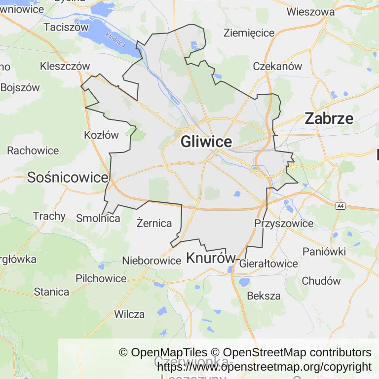 Mapa z zaznaczonymi Gliwicami